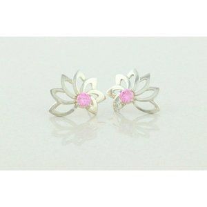 Sterling Silver Pink CZ lotus Earrings Stud Post